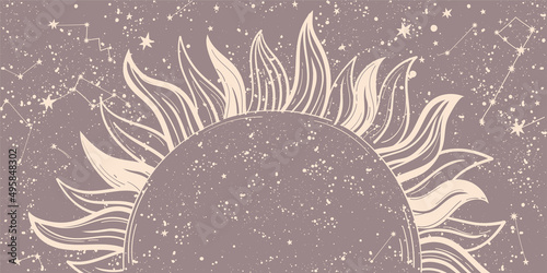 Astrological banner with sun rays and constellations, mystical boho design, tarot background for text. Vector hand drawn illustration, magical natal chart for predicting the future.