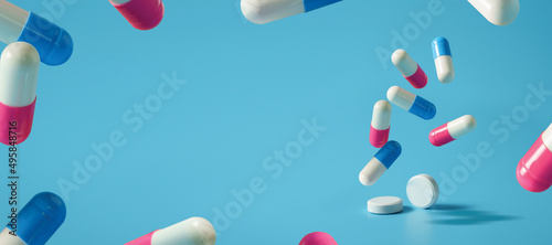 Drug or medicine,medicine pills and antibiotics background Space for text on a blue background