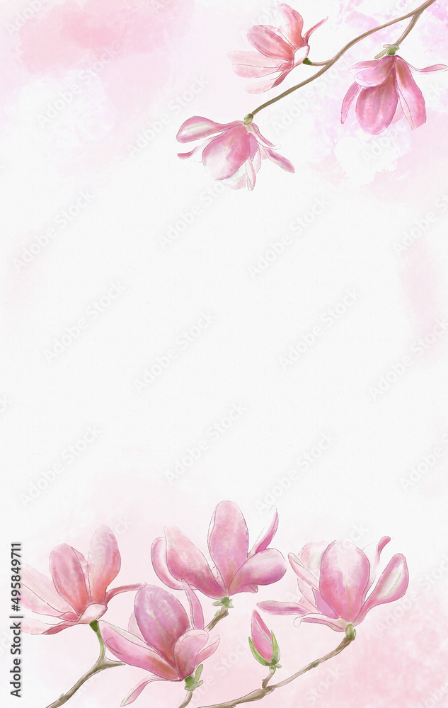 An empty love letter template with a magnolia flower background pattern. watercolor template for wedding invitation design, save date card, letterhead, romantic letter for her, vertical love note