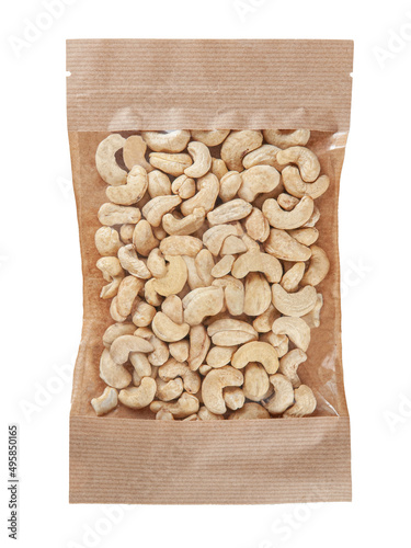 Cashew nuts in a craft paper zip bag. Isolate. White background.