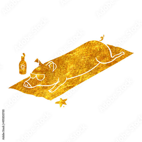 Hand drawn gold foil texture pig laying at the beach.