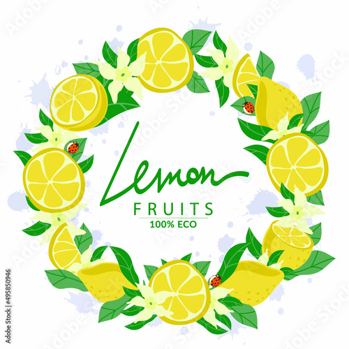 Holiday wreath decorated with ripe yellow lemons, cartoon style painted elements. Isolated on white background. Juice blobs. Ladybugs. Sample poster, party invitation, holiday banner, postcard.