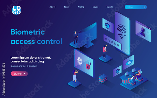 Biometric access control concept 3d isometric web landing page. People use fingerprint scanner and password to identification and log into personal account. Vector illustration for web template design