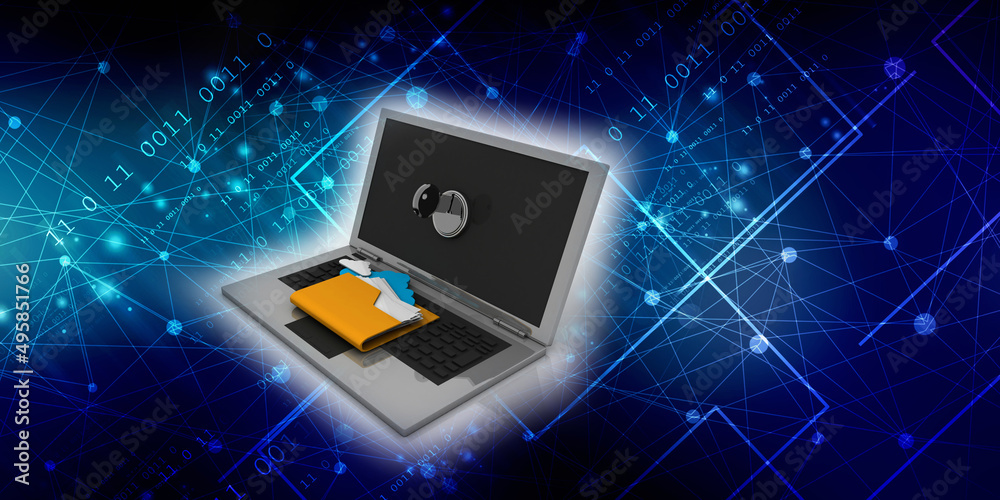3d rendering Folder on laptop with key protection 3d rendering Folder on laptop with key protection