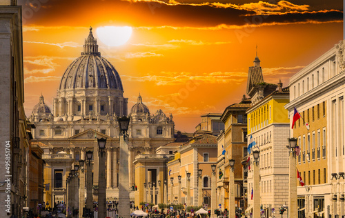 Saint Peter's Square, Vatican.,Rome, 03.20.2021, Basilica of Saint Peter, The grandiose square in front of the main cathedral of Christendom and square, Colonnade Bernini, High quality photo