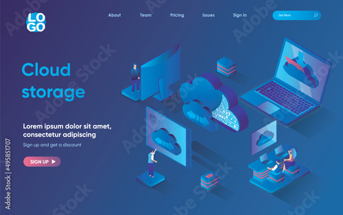 Cloud storage concept 3d isometric web landing page. People upload and transfer files using cloud technology, work with online databases and making backups. Vector illustration for web template design
