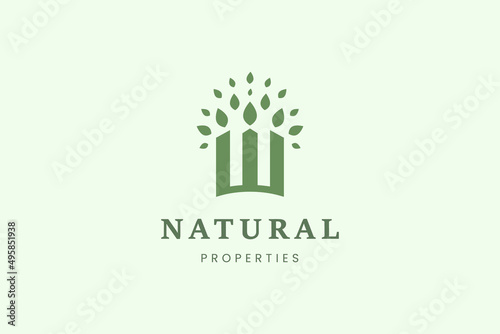 Letter W property logo with three buildings and leaves