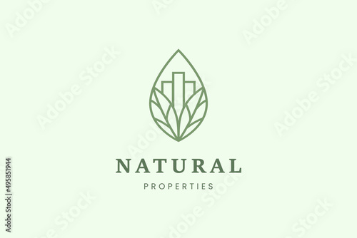 Property or apartment logo with three buildings and leaves