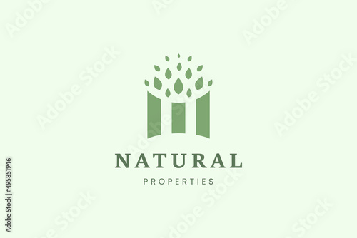 Property house logo with three buildings and leaves