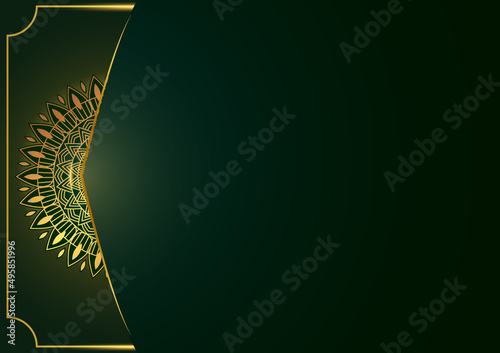 Art of traditional Indian geometric. Luxury mandala graphic background. Gold, dark green, black ornamental on shadow transparency. Decorative pattern east style. Vector illustration with copy space.