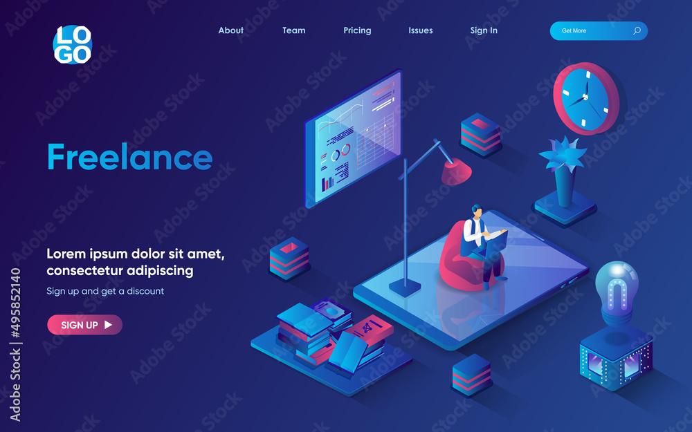 Freelance concept 3d isometric web landing page. People work on laptop remotely, perform work tasks online, analyze data and generate ideas in home office. Vector illustration for web template design Freelance concept 3d isometric web landing page. People work on laptop remotely, perform work tasks online, analyze data and generate ideas in home office. Vector illustration for web template design