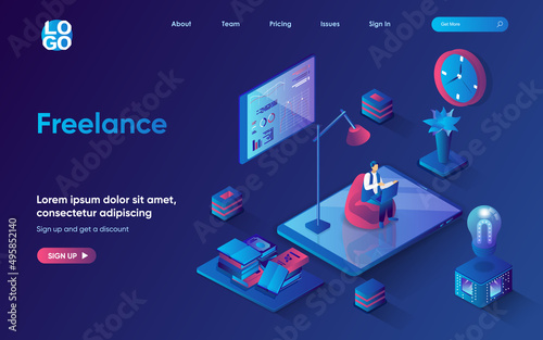 Freelance concept 3d isometric web landing page. People work on laptop remotely, perform work tasks online, analyze data and generate ideas in home office. Vector illustration for web template design
