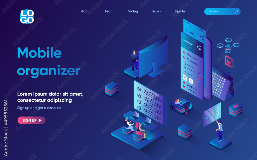 Mobile organizer service concept 3d isometric web landing page. People manage files in application, plan tasks and meetings, set goals, time management. Vector illustration for web template design Mobile organizer service concept 3d isometric web landing page. People manage files in application, plan tasks and meetings, set goals, time management. Vector illustration for web template design