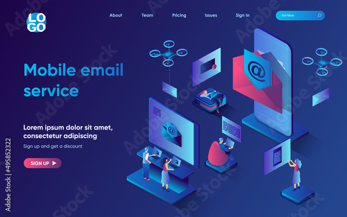 Mobile email service concept 3d isometric web landing page. People send personal and business letters using smartphone, conduct online correspondence. Vector illustration for web template design
