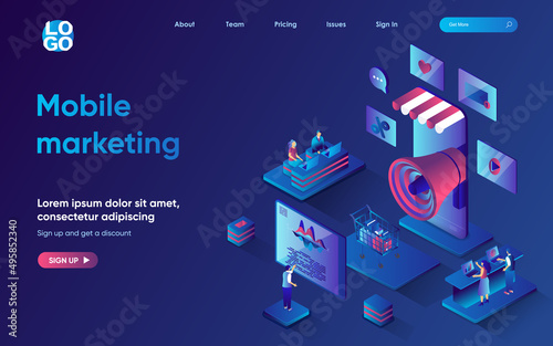 Mobile marketing service concept 3d isometric web landing page. People make market research, develop promotion strategy and advertise on smartphone app. Vector illustration for web template design