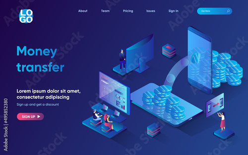 Money transfer concept 3d isometric web landing page. People make financial transactions using mobile banking, send and receive finance to their accounts. Vector illustration for web template design
