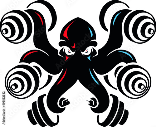 Black Octopus Holding Dumbbells by Its Tentacles