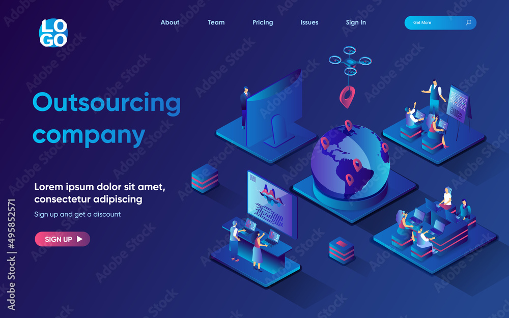 Outsourcing company concept 3d isometric web landing page. People work remotely from home in international company, perform tasks and communicate online. Vector illustration for web template design Outsourcing company concept 3d isometric web landing page. People work remotely from home in international company, perform tasks and communicate online. Vector illustration for web template design