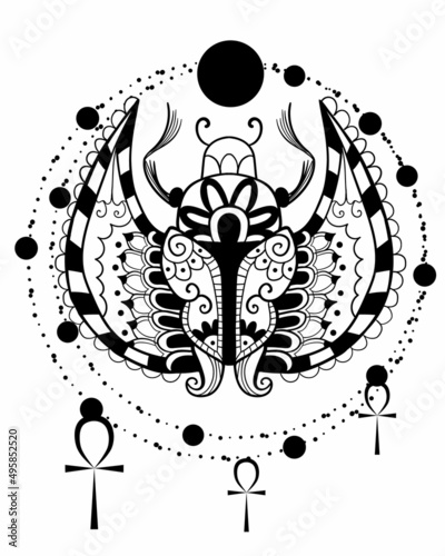 Illustration of a Egyptian scarab. Henna tattoo art style image.