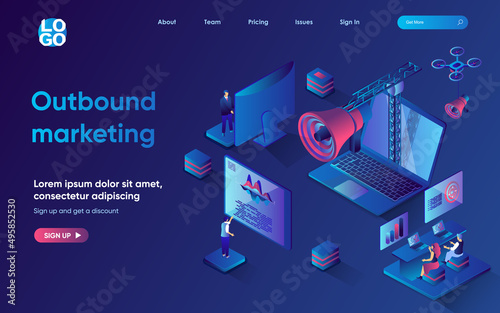 Outbound marketing concept 3d isometric web landing page. People develop promotion strategy, making advertising campaign, attract customers to buy product. Vector illustration for web template design