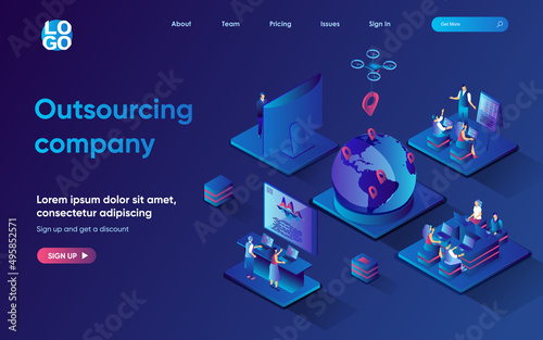 Outsourcing company concept 3d isometric web landing page. People work remotely from home in international company, perform tasks and communicate online. Vector illustration for web template design