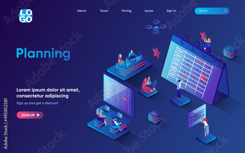 Business planning concept 3d isometric web landing page. People make schedules with work tasks, mark dates on calendar, organize workflow, time management. Vector illustration for web template design