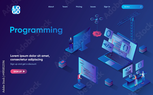 Programming concept 3d isometric web landing page. People develop software and programs, create applications, work with code, optimize and launch product. Vector illustration for web template design