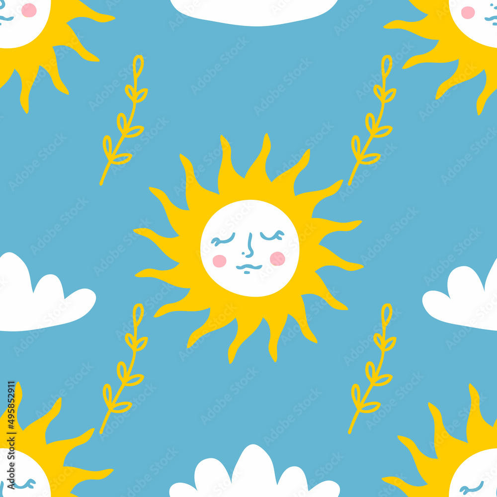 Hand drawn summer seamless pattern with sun, clouds and wheat. Perfect for T-shirt, textile and print. Doodle vector illustration for decor and design. Hand drawn summer seamless pattern with sun, clouds and wheat. Perfect for T-shirt, textile and print. Doodle vector illustration for decor and design.
