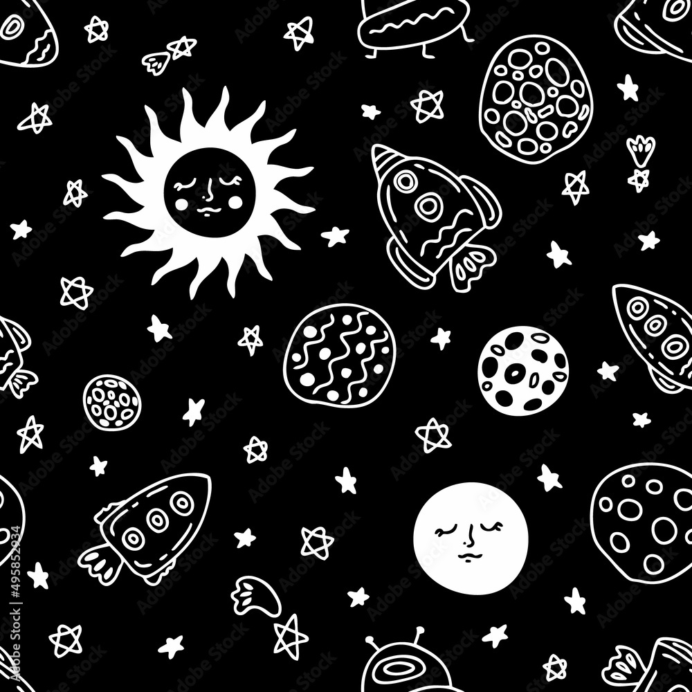 Fantasy cosmos seamless pattern, great design for any purposes. Graphic vector background template.