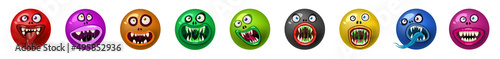 Set od Monster face cartoon round icons head Halloween characters. Illustration, sticker, emblem funny cute mask, vector