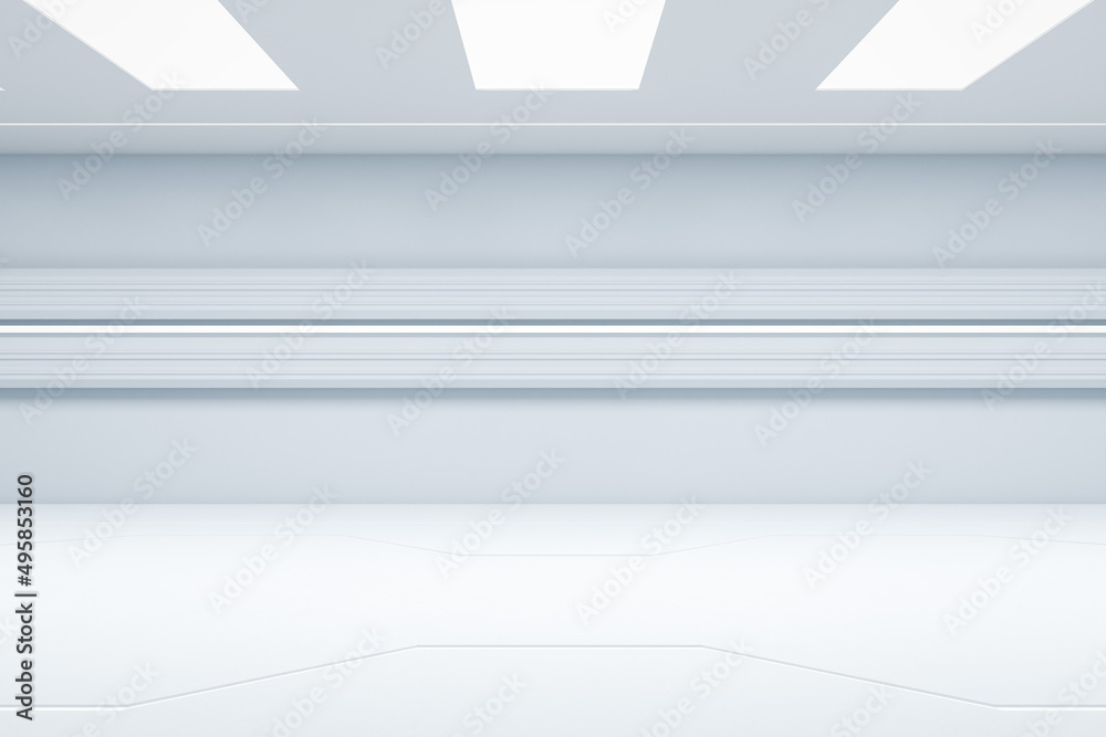 Bright futuristic white corridor. Design and hallway concept. 3D Rendering. Bright futuristic white corridor. Design and hallway concept. 3D Rendering.