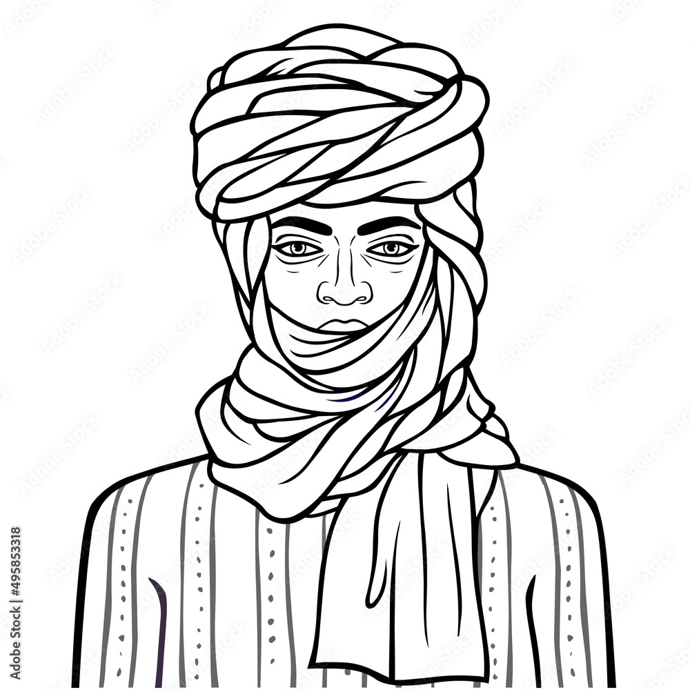 Animation portrait of beautiful African man in a turban. Monochrome linear drawing. Vector illustration isolated on a white background. 