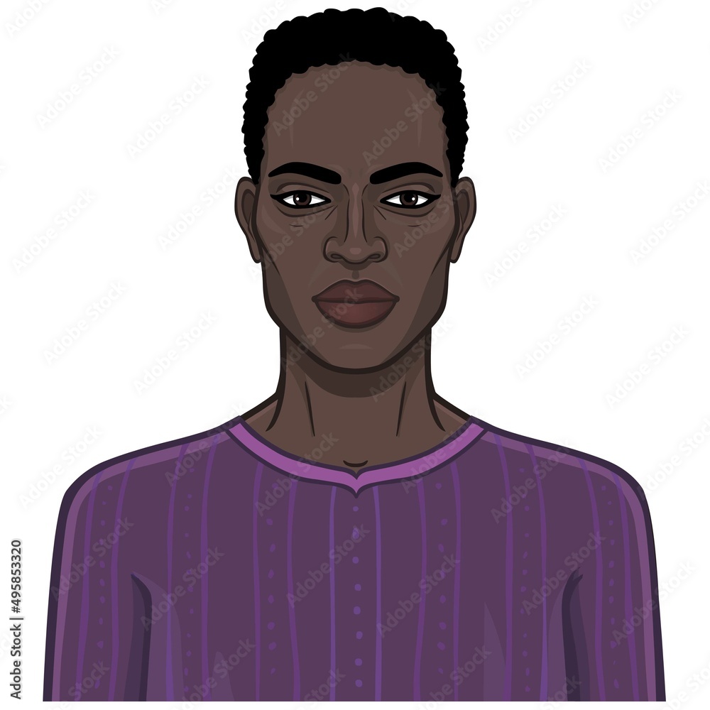 Obraz premium Animation portrait of beautiful African man. Color drawing. Vector illustration isolated on a white background. 