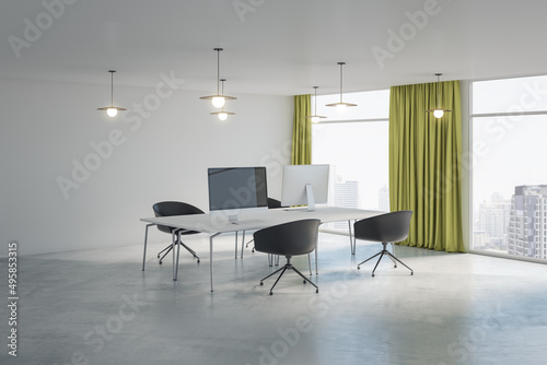 Luxury concrete office interior with furniture, equipment, window with city view and daylight. 3D Rendering. © Who is Danny