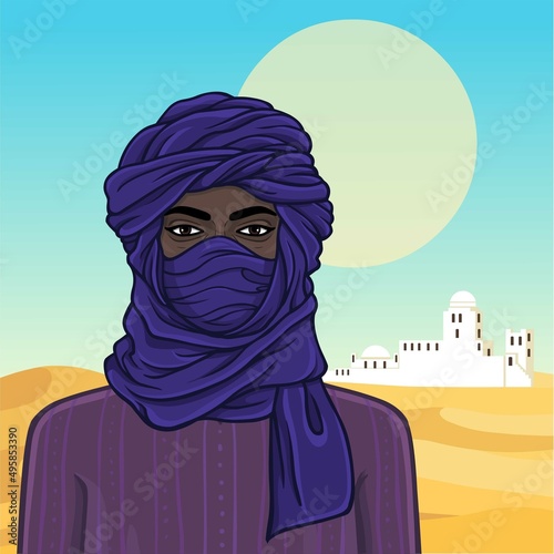 Animation portrait of beautiful African man in a turban. Background - desert landscape, old city. Color drawing. Vector illustration. 