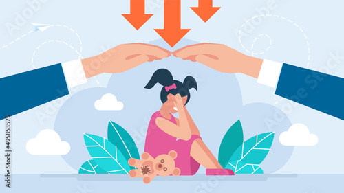 Social protection of children. Kids safety care. Little girl sitting on the floor and crying. Child protection. Service for the Protection of Minors and Orphans. Flat style design. Vector illustration