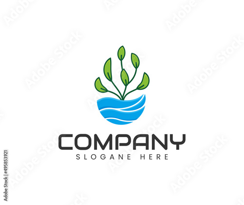 Nature green plant with water wave logo design. Green plant logo design with water wave