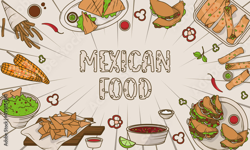 Vector background with illustration of Mexican food: tacos, burritos, quesadillas, enchilada, nachos, elote, chili con carne, chili. Illustration in cartoon style perfect for banner, poster, menu.