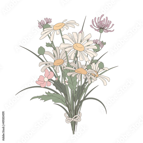 Vector bouquet of wildflowers: chamomile, herbs, thistle in soft colors. Botanical illustration perfect for design of card, fabric, cover, decoration of flower shop.