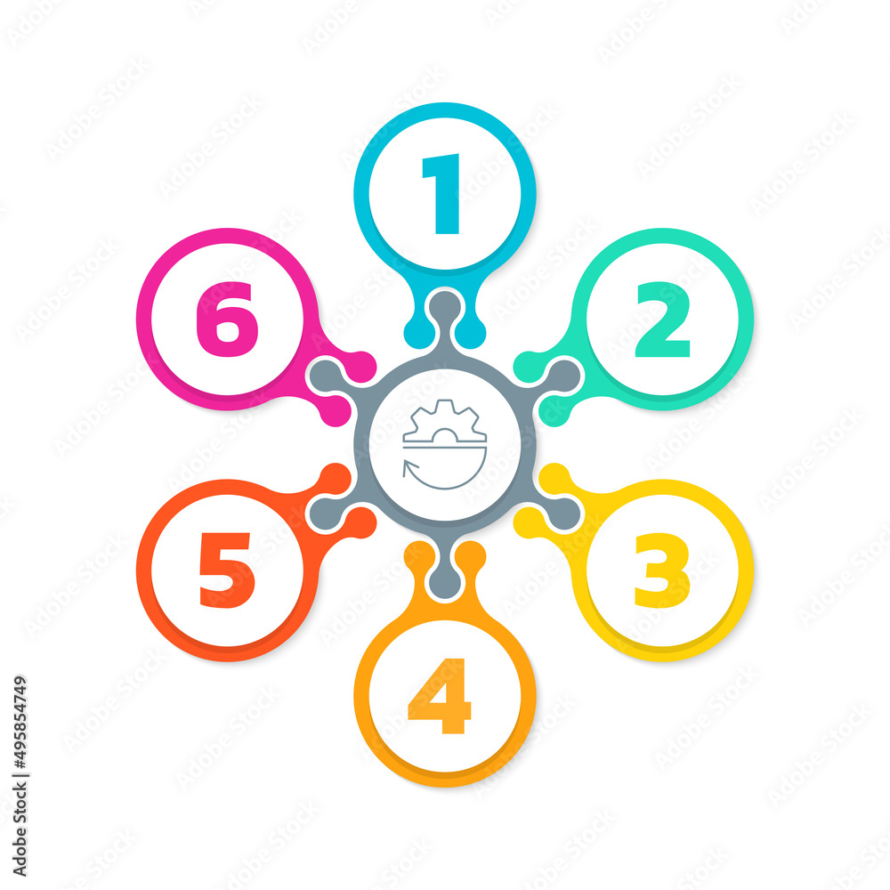 Circle infographic template. 6 steps or parts diagram. Cycling puzzle elements. Modern presentation, layout, pie chart, information brochure design. Vector illustration. Circle infographic template. 6 steps or parts diagram. Cycling puzzle elements. Modern presentation, layout, pie chart, information brochure design. Vector illustration.