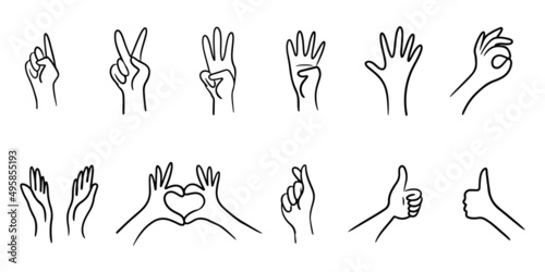 Set of hand drawn hand gestures. Hand Drawn sketch style of applause, thumbs up gesture. Human hands clapping ovation. on doodle style, vector illustration. photo