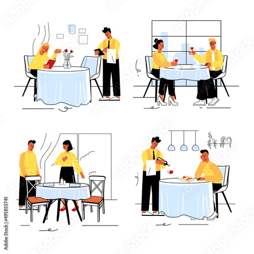 Restaurant concept set in flat line design. Men and women order from menu to waiter, have lunch and drink. Friendly meetings and dates in cafe. Vector illustration with outline colorful web scenes © Andrey