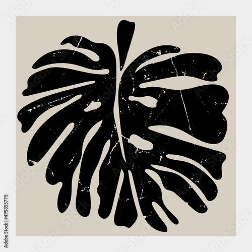Abstract dark leaf veins. Close up look. Modern design. Hand drawn trendy Vector illustration. Floral concept, Naive art. Tropical Monstera or Swiss cheese plant leaf. Poster, print, card template