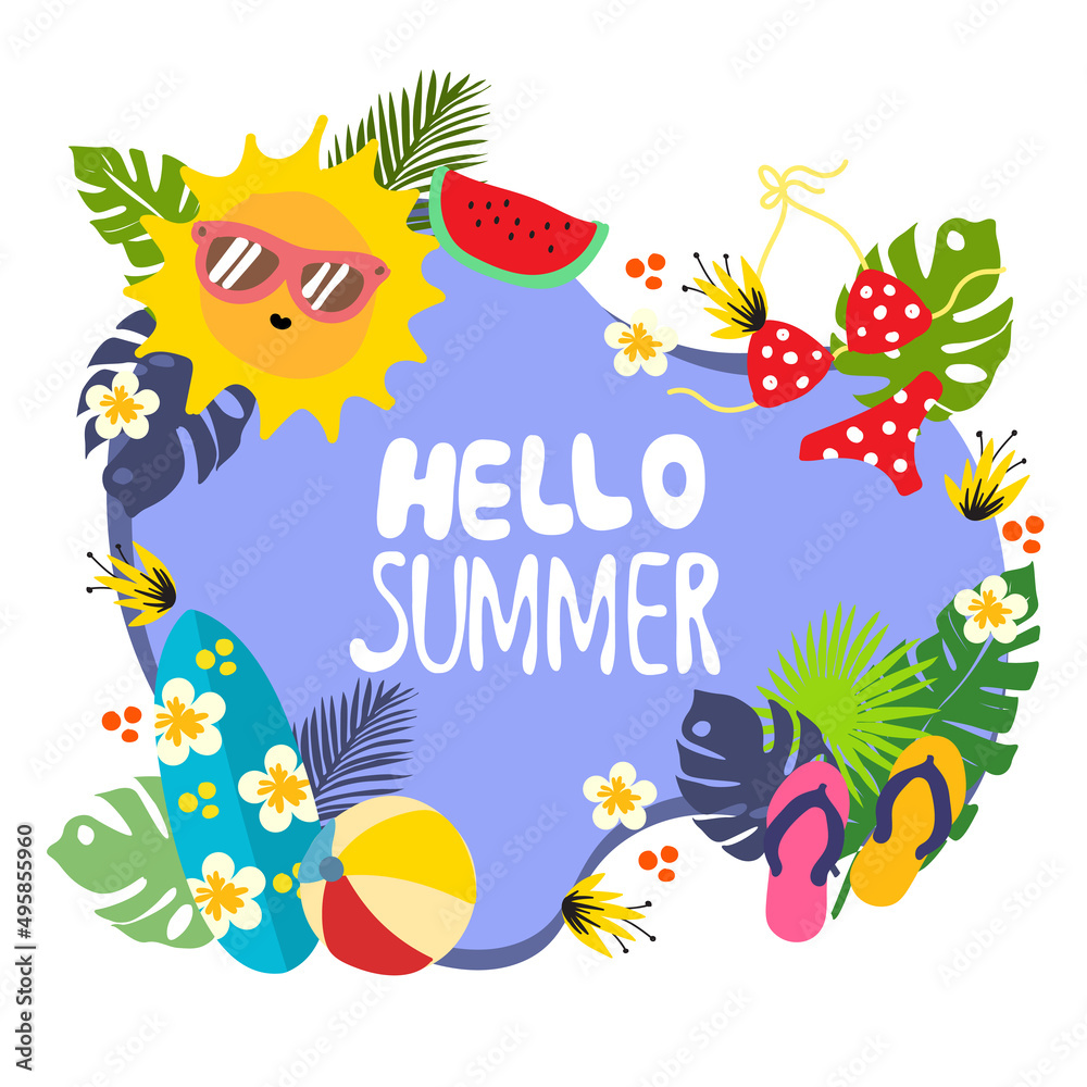 summer concepts banner design purple background sun bikini ball surfboard flower watermelon fresh vector summer concepts banner design purple background sun bikini ball surfboard flower watermelon fresh vector