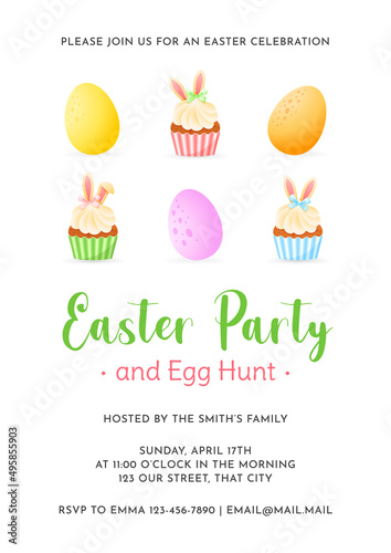 Easter Party and Egg Hunt invitation. Cute cartoon illustration of cupcakes with spring decorations. Vector 10 EPS.