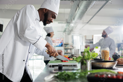 Head chef in restaurant professional kitchen preparing delicious meal. Food industry worker cutting fresh and organic vegetables while cooking gourmet dish for dinner service