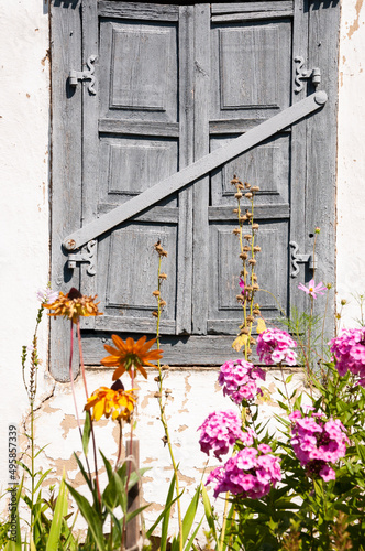 wooden shutters on village window with flower, selective focus