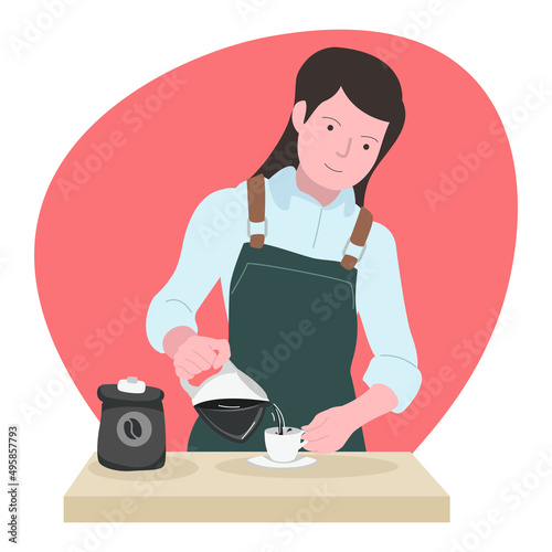 Illustration of a beautiful female barista making coffee for a customer (ID: 495857793)