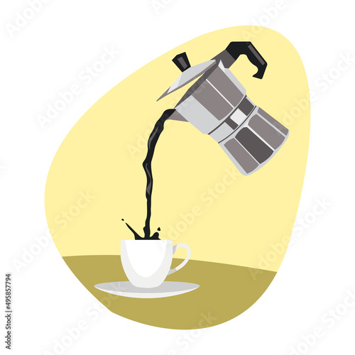A teapot pouring coffee into a cup isolated on white background (ID: 495857794)
