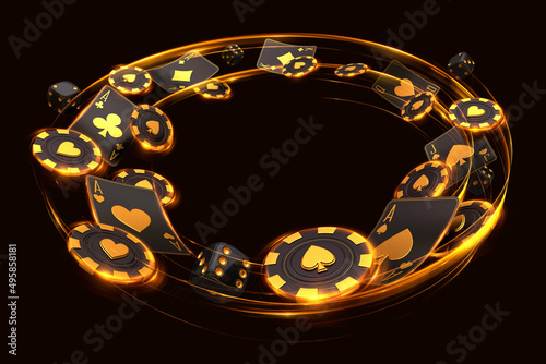 casino motion cards and chips gold black poker balckjack baccarat 3d render 3d rendering illustration 